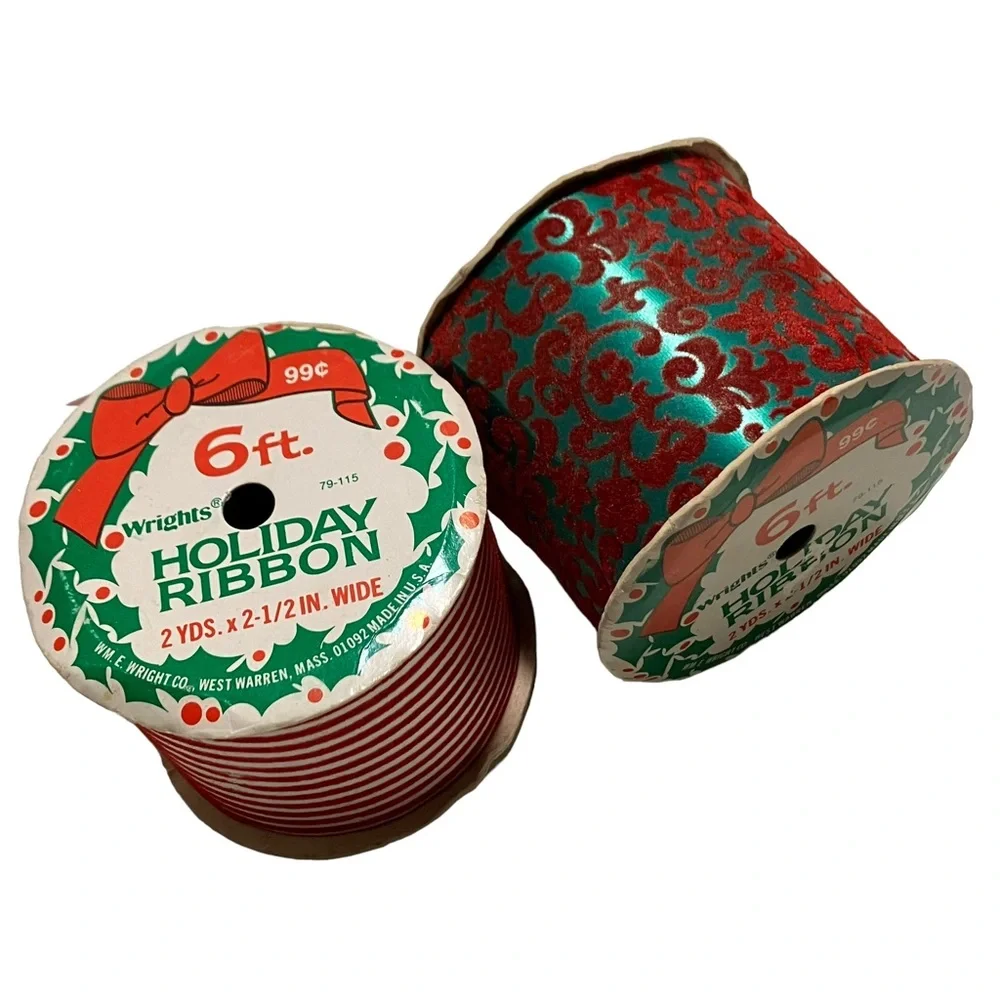 Vintage NEW Wrights Velvet Trim Christmas Holiday Ribbon Lot of 2 2 Yards Each
